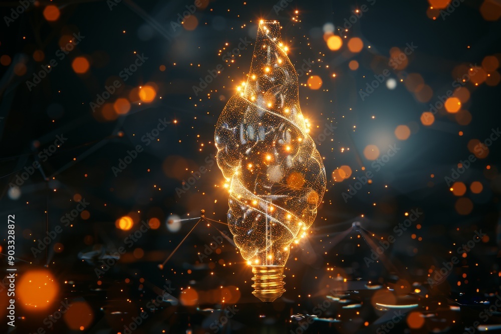 Poster light bulb with sparks and glowing particles on a dark background symbolizing innovation and energy.