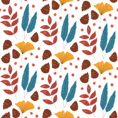 Autumn seamless pattern design. Repetition background with ginkgo. willow and linden leaves. Fall ornament isolated on white. Seasonal gift paper backdrop. Colorful hand drawn flat vector illustration