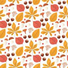 Autumn foliage seamless pattern. Different fall leaves, chestnut and mushrooms. Forest element wallpaper design. Cozy and warm season vibes print. Hand drawn flat vector illustration isolated on white
