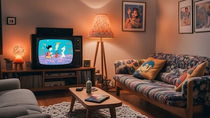A cozy 90s living room featuring a tube TV playing classic cartoons, VHS tapes on a wooden shelf, a floral-patterned sofa with a knitted blanket, and a lava lamp on a side table.