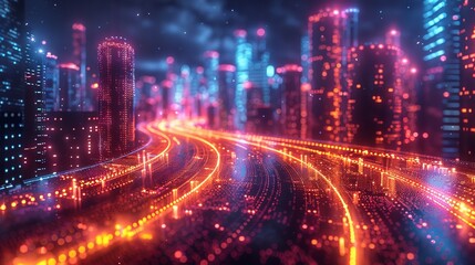 Illustration with neon lit highway surrounded by skyscrapers.