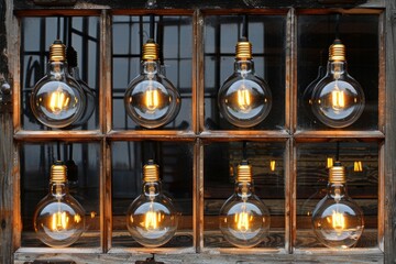 Obraz premium Vintage light bulbs in a wooden crate showcasing rustic charm and warm light.