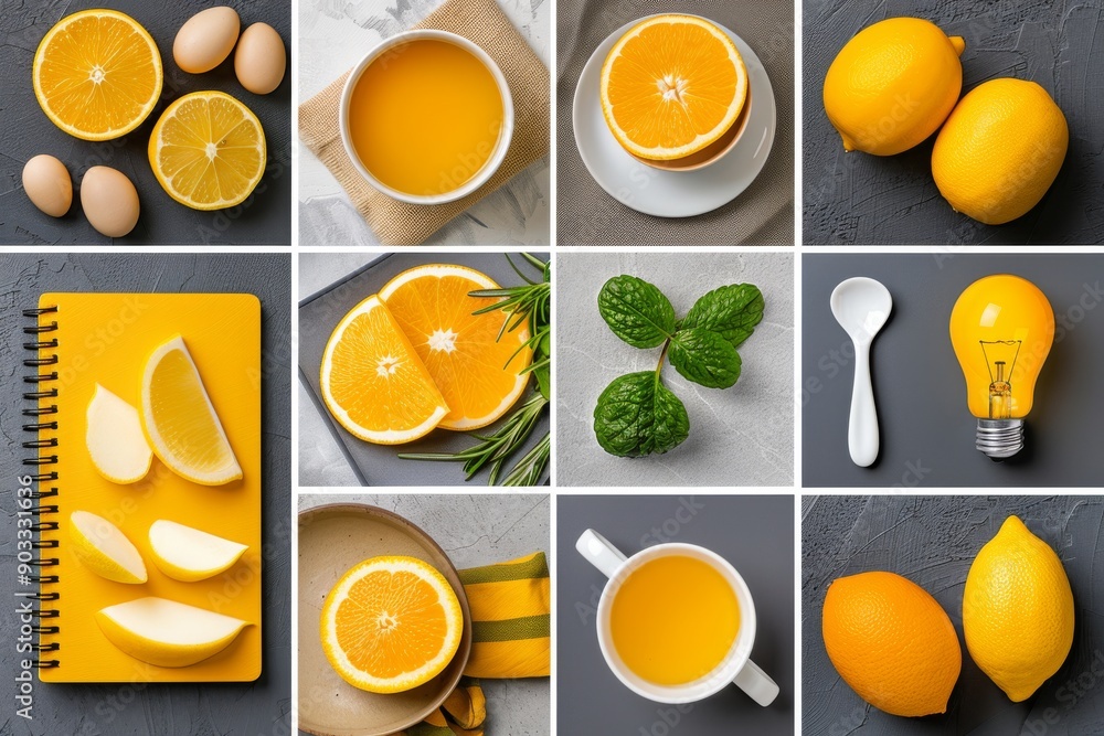 Poster lemon slices and juice on a gray background symbolizing freshness and health.