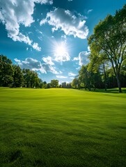 Bright Green Golf Course with Blue Sky and Trees