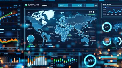 Futuristic data analytics interface showcasing global business metrics, graphs, and maps for technology and finance industry applications.