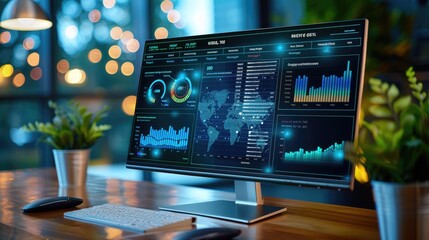 Modern computer screen displaying data analytics dashboard and graphs in an office environment with plants and bokeh lights in the background.