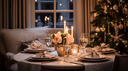 Table decor for festive family dinner at home, holiday tablescape and table setting, formal for wedding, celebration, English countryside and home styling
