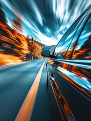 A car driving on the highway, with a motion blur effect,