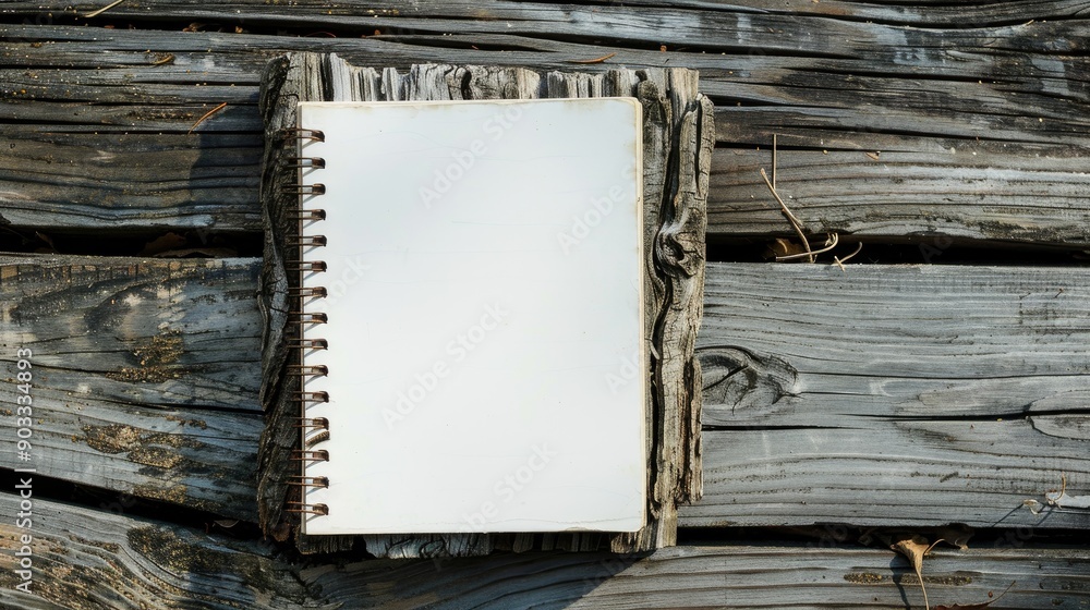 Poster white empty notebook on old wooden background for design layout