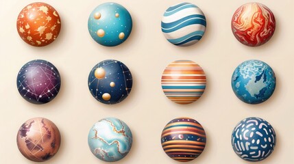Obraz premium Colorful planet illustrations arranged in a grid, representing various celestial bodies with unique textures and patterns.