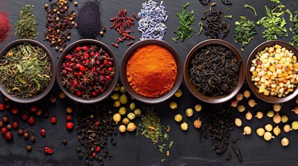 Colorful assortment of various spices and herbs in bowls on a black background. Perfect for culinary, food and ingredient themes.
