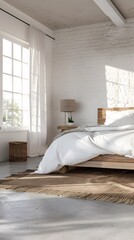 Minimalist bedroom with a wooden bed, white walls, and soft lighting.

