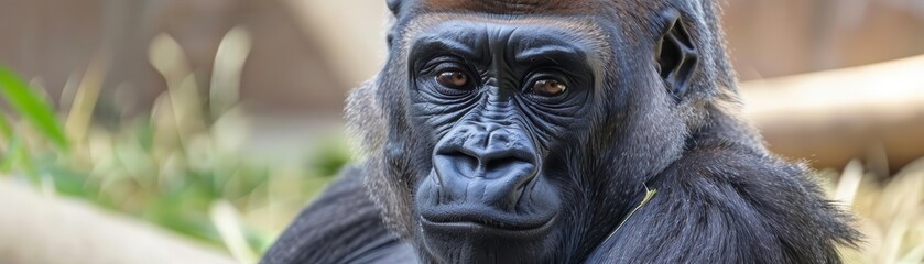 Close-up of a gorilla in natural habitat, showcasing its expressive eyes and detailed fur texture, highlighting wildlife beauty and conservation.