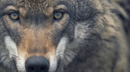 Fototapeta premium Close-up of a wolf's face showing intense gaze and detailed fur texture, capturing the wild and untamed essence of nature's predator.