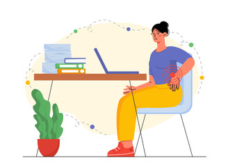 Woman with back pain. Young girl in office sits at table and holds her lower back. Spinal ache and scoliosis. Worker at uncomfortable workplace. Flat vector illustration