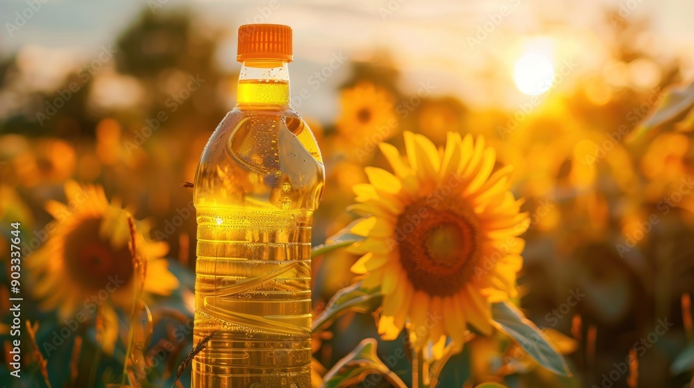 Sticker sunflowers and bottle of sunflower oil at sunset