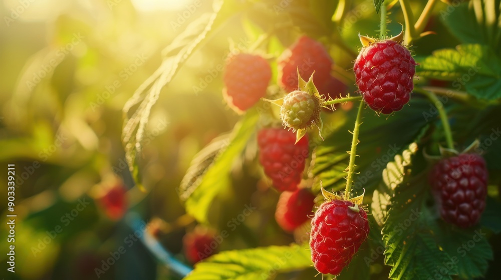 Wall mural fresh raspberries on a branch