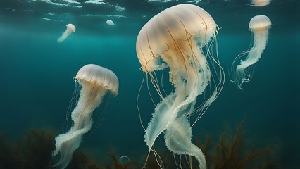 A tranquil underwater scene with fluid movements of jellyfish and seaweed swaying gracefully
