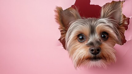 Adorable Fluffy Yorkshire Terrier Peeking Through Torn Pink Paper Background, Showcasing Innocence and Curiosity