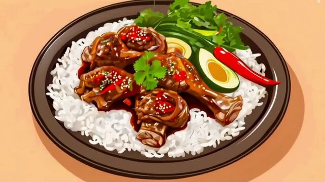 Thai stewed pork legs on rice decorated with vegetable on a plate, served with winter melon soup and chili vinegar dipping sauce, Thai food style, graphic illustration Full HD Video 4K Clip
