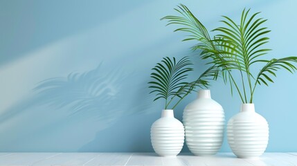 White Vases with Palm Leaves on Light Blue Background