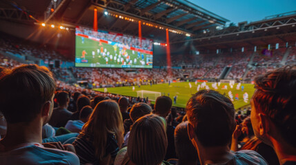 Fototapeta premium A packed soccer stadium at night, filled with excited fans watching a live match on a large screen.