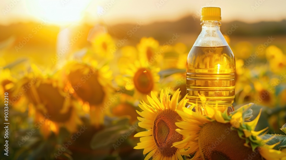 Wall mural Sunflower Oil Bottle in a Field of Sunflowers at Sunset