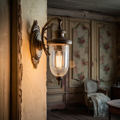 Vintage wall light, Light in building, Classic light in vintage room.
