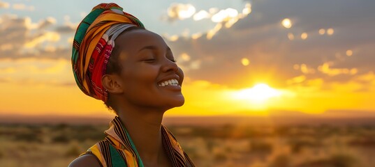 Smiling African Woman in Colorful Headscarf at Sunset