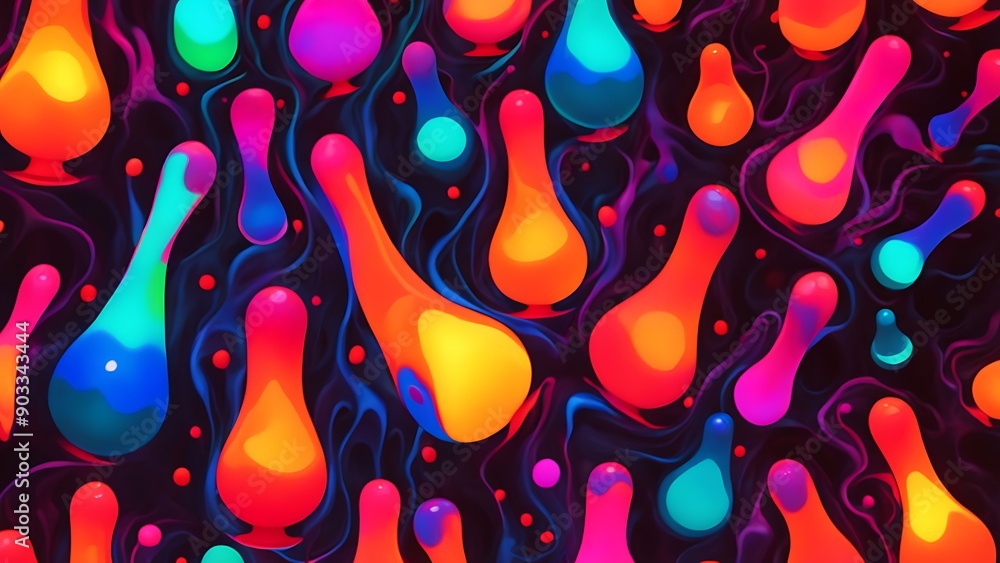 Poster a mesmerizing lava lamp with colorful, fluid blobs floating and merging in a hypnotic dance.