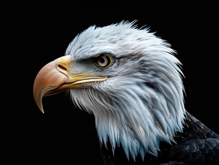 A close-up shot of a bald eagle's face against a dark, black background