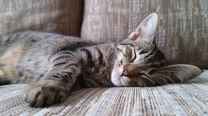a beautiful cat was lying on the sofa, very calm and almost asleep