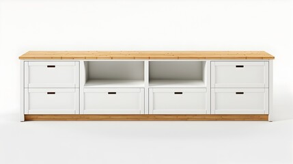 Scandinavian Credenza with Bamboo Wood Top on Bright White Background