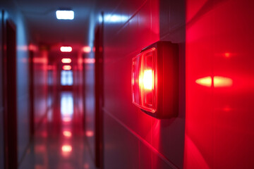 A red alert light glowing brightly in a dimly lit corridor, emphasizing a sense of urgency and caution