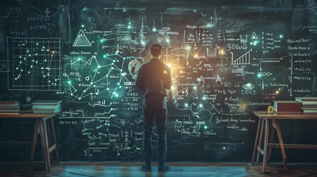 A teacher standing at a chalkboard glowing formulas and diagrams