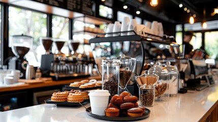Fototapeta premium Describe the morning rush at a popular downtown coffee shop