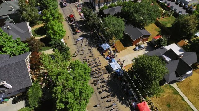 Independence day parade on provo street - high, drone shot