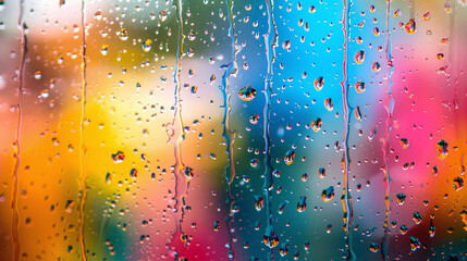 Closeup through window of rainy day with water dripping down glass against blurred colorful background