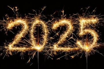 2025 Written in Gold Sparkler Firework Text on Black Background

