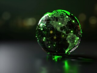 Futuristic Digital Globe with Green Network Connections on Dark Background