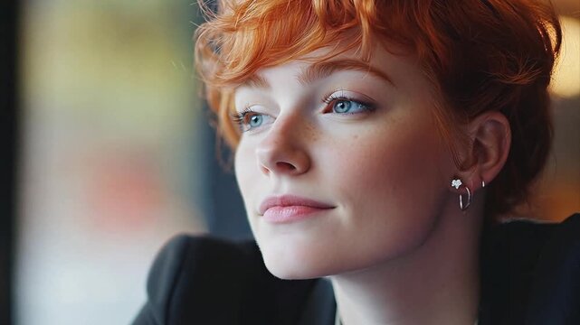 Close up redhead transgender person looking around smugly during a job interview at a technology company.