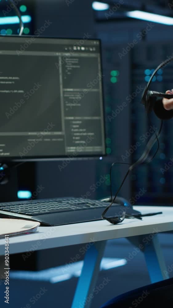 Poster vertical video technician in data center provides technical support to users, troubleshooting issues