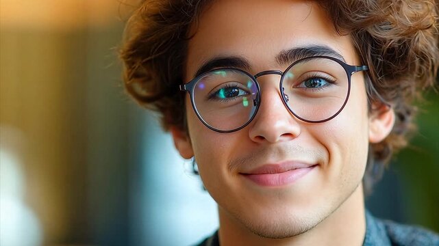 Zooming in on a close up Latino transgender person wearing glasses identifying as a man smiling during a job interview at a technology company.