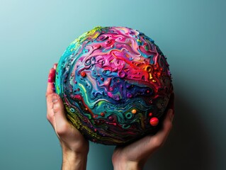 Hands Holding a Vibrant, Colorful, Abstract Globe with Swirling Patterns Against a Soft Blue Background