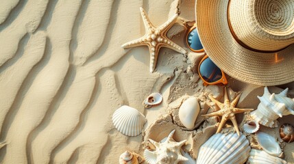 Summer vacation essentials hat sandals shades sunscreen seashells on sandy beach