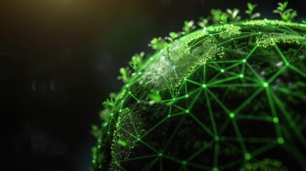 Futuristic Green Globe with Digital Network and Growing Plants Symbolizing Sustainable Technology and Environmental Conservation