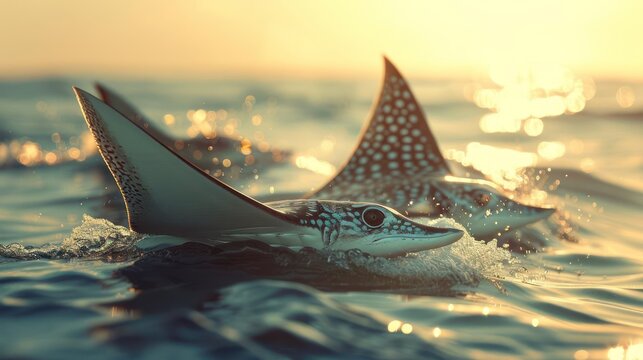 two stingfishs swimming in the ocean with a sun setting