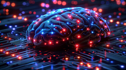 digital background with neural network patterns, glowing circuits, and futuristic tech elements. Ideal for tech processes, AI, and innovation themes