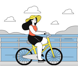 Woman cycling at pier. Young girl rides bicycle on sea coast. Tourism and traveler in tropical countries. Active lifestyle and sports. Linear vector illustration