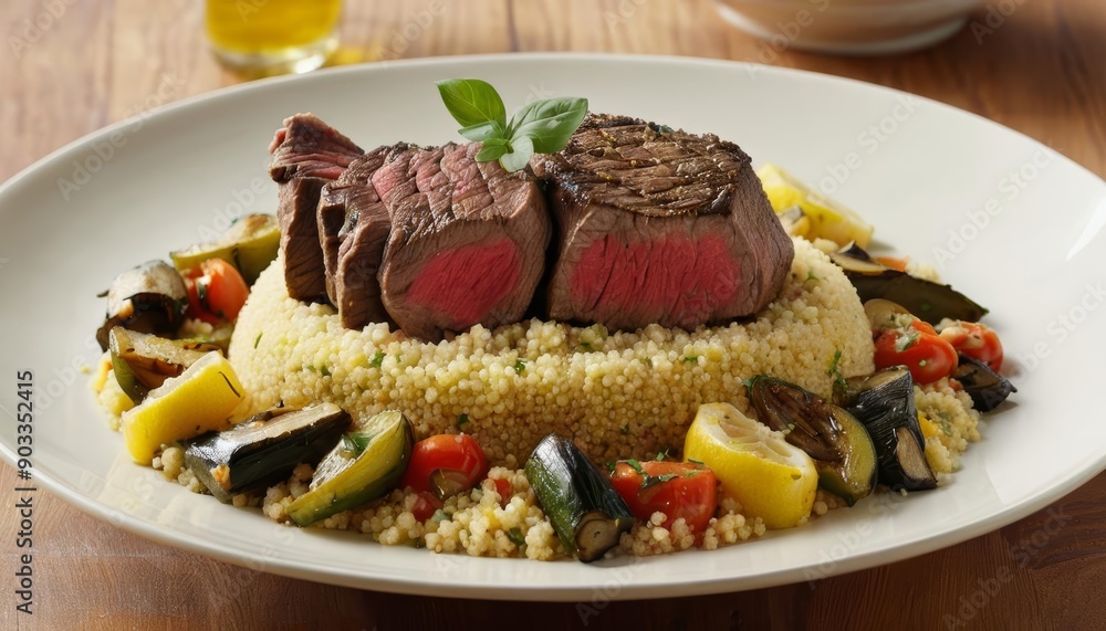 Canvas Prints  Deliciously cooked steak on a bed of couscous with fresh vegetables ready to be savored